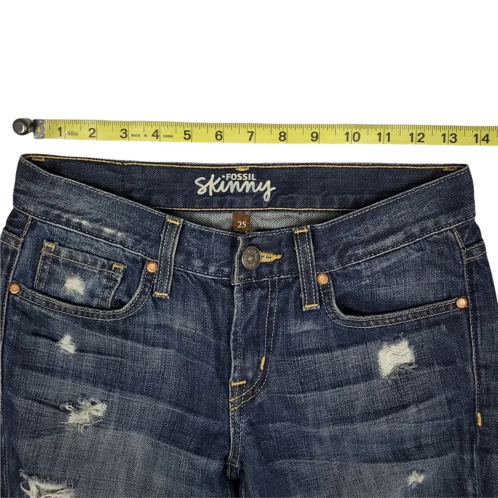 Fossil Skinny Jeans Womens Size‎ 25 Heavy Destroy Blue Distressed Denim USA Made